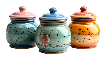 Three colorful ceramic jars with lids, decorated with dots and a floral design, set against a black backdrop