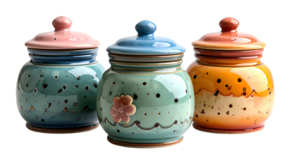 Three colorful ceramic jars with lids, decorated with dots and a floral design, set against a black backdrop