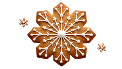 Image of gingerbread snowflake cookies, white icing details, and small accompanying cookies