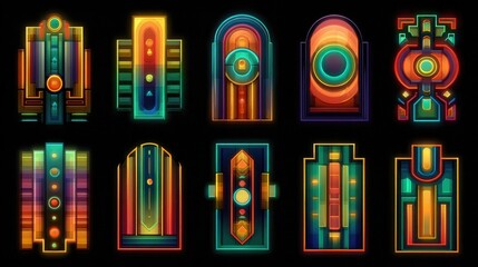 Neon-inspired digital stained glass windows combining glowing geometric patterns, vibrant colors, and futuristic style perfect for abstract art and digital decor.