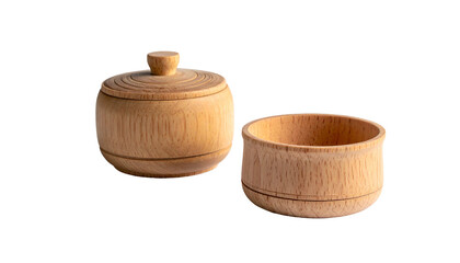 Two handmade wooden bowls on a transparent background, one covered. The craftsmanship showcases natural woodgrain. Isolated objects create a clean and minimalist aesthetic