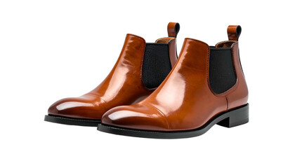 Two polished leather ankle boots with elastic side panels, set against a black background