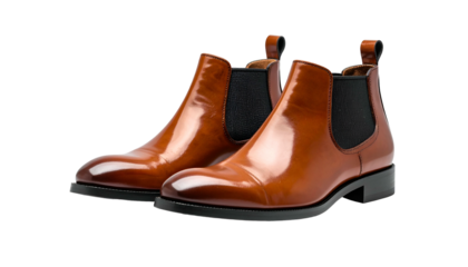 Two polished leather ankle boots with elastic side panels, set against a black background