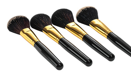 Four makeup brushes angled on a black background, with black handles and gold ferrules