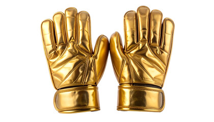 Two highly polished, shiny golden gloves are arranged symmetrically against a transparent background, showcasing their intricate details