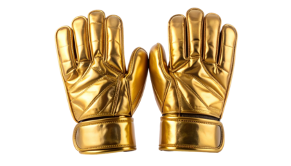 Two highly polished, shiny golden gloves are arranged symmetrically against a transparent background, showcasing their intricate details