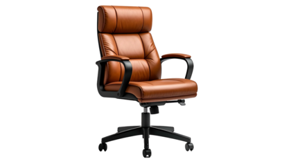 Comfortable brown leather office chair with high back, arms, and black base