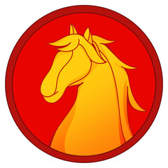 Golden horse emblem inside a red circle, representing the Chinese zodiac and festive celebration.