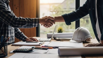 Architects collaboratively shake hands over blueprints, signifying successful project planning and strong partnership in construction development