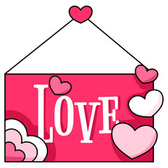 Hanging sign with LOVE text and a pink ribbon for Valentine's Day.