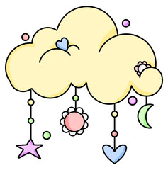 Cute pastel cloud with hanging stars, heart, moon, and flowers, representing happiness, relaxation, and dreamy atmosphere.
