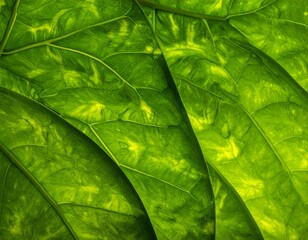Close-up of a vibrant green leaf, revealing intricate vein patterns and a translucent quality. Sunlight shines through the foliage