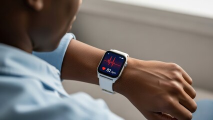 Focused Black American man, attentive to health, monitors his heart rate on a sleek white smartwatch, displaying vital metrics