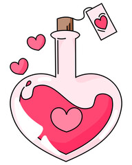 Heart shaped glass bottle with pink magic love potion and a heart tag