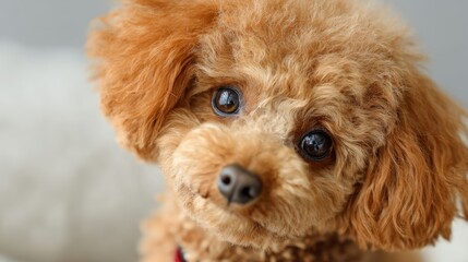 Cute brown dog with curly fur looks at the camera with curious eyes while sitting on a soft surface indoors during the daytime