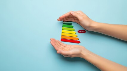 Hands gently cradle a vibrant energy efficiency scale, symbolizing protection and conservation against a serene blue background