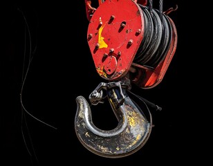 Close-up of a rusty red and black crane hook and pulley system against a stark black background