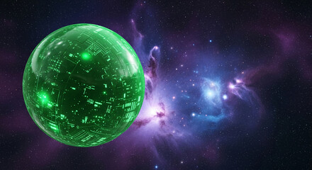 Image of a reflective, green, circuit-patterned sphere against a backdrop of galaxy with stars, suggesting technology, future, and exploration