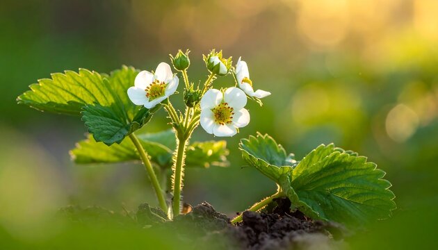 Close-up of a strawberry plant in bloom, with white flowers and green leaves, bathed in warm sunlight. Shallow depth of field - Powered by Adobe