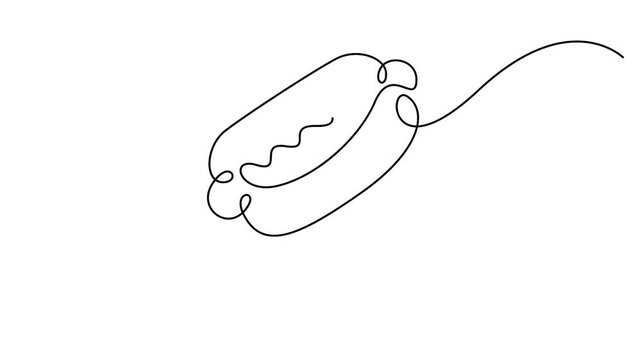 Self animated minimalist continuous one-line drawing of a hot dog. Full length unbroken line art animation
