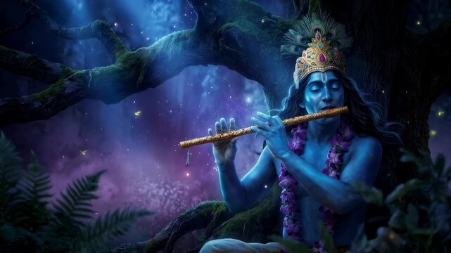 Lord Krishna playing a golden flute in a mystical forest at night, glowing with divine light. Concept of Hindu mythology, devotion, spirituality, and peace.