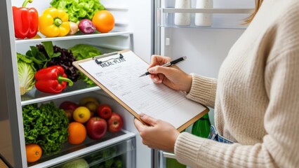 Woman meticulously plans her weekly meals near an open refrigerator, filled with fresh vibrant produce, representing healthy eating and organization
