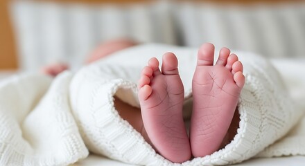 Tiny newborn baby feet peeking out from a white blanket.