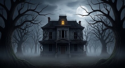 Spooky Haunted House in a Dark and Misty Forest.