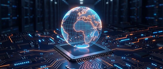 Global Technology Concept with Digital Earth Globe on Central Processing Unit Futuristic Microchip Motherboard Artificial Intelligence Networking Data Transfer Worldwide Connection