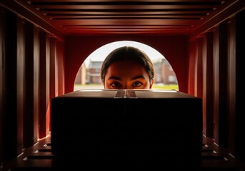 Young Woman Peeks Over Large Package Inside Red Mailbox With Curious Expression During Delivery
