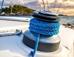 Close-up of a sailboat winch with coiled blue rope, partially in focus, set on a white deck, with ocean
