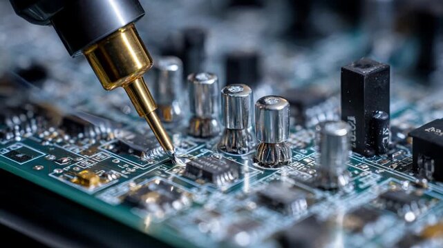 Closeup medium shot of intricate zinc alloy electronic components being assembled on a circuit board.