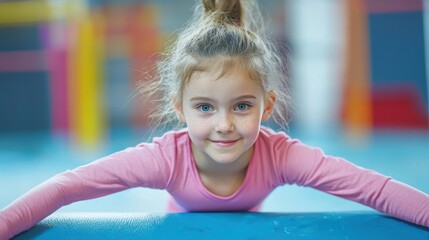 A child balancing on a beam in a gymnastics class with focused determination