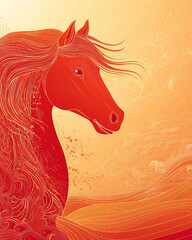 Lunar New Year banner, close up of red horse on a light red and golden background, Chinese style.