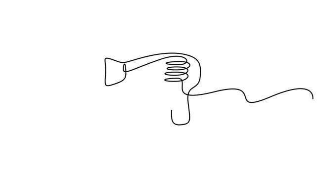 Self animated minimalist, single continuous line drawing of a hair dryer