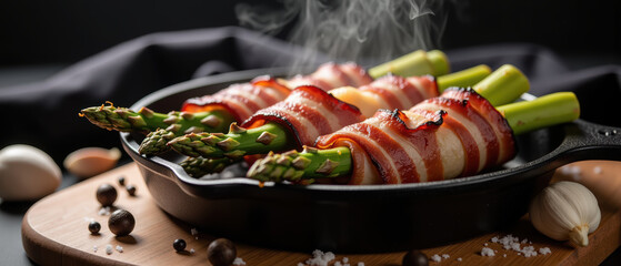 Delicious bacon wrapped asparagus spears in skillet, steaming and garnished with spices, create appetizing dish