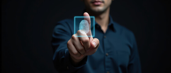 Digital fingerprint scanning technology enhances security and identity verification. man interacts with holographic fingerprint interface