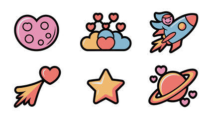 Cosmic Valentine's Icons: A collection of charming, colorful icons, perfectly capturing the spirit of love and celebration of the valentine's day, themed around the stars and outer space!
