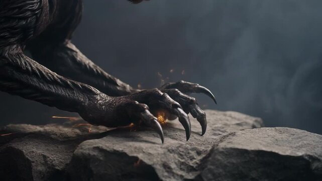 Close-up of Monster Creature's Sharp Claws Gripping Rocky Surface with Smoke