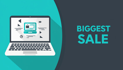Laptop Sale Banner. Black Friday. A flat design graphic for electronics deals with the text BIGGEST SALE in a clean sans-serif font. clear and informative with a bright teal and dark gray scheme.
