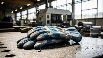 Gloves on a steel workbench in a workshop, equipment in background