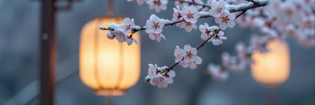 Ancient style architecture cherry blossoms snow scene