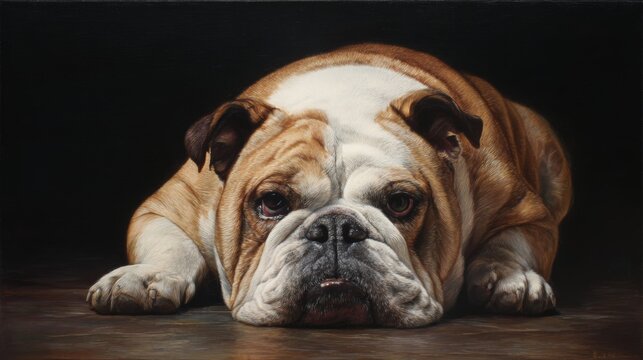 Bulldog rests on floor in a low light setting while looking at the camera with a relaxed expression