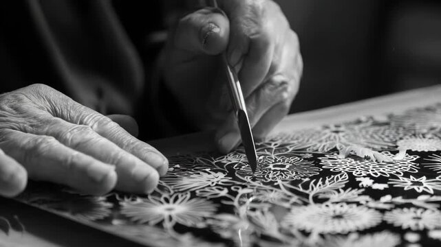Artist carefully cutting intricate patterns by hand to create a unique custom stencil for crafting personalized designs.