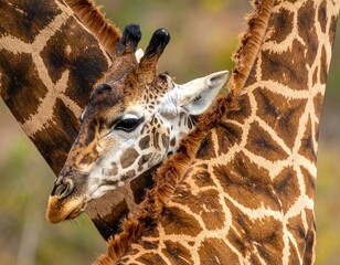 Close-up of a giraffe's head nestled against another, showcasing spotted patterns and gentle interaction