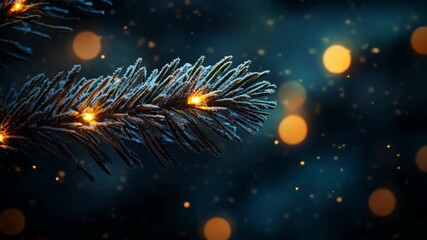 A magical frosted pine branch with twinkling lights and golden bokeh. Symbolizes holiday peace and wonder. Ideal for festive backgrounds, corporate e-cards, and seasonal greetings.