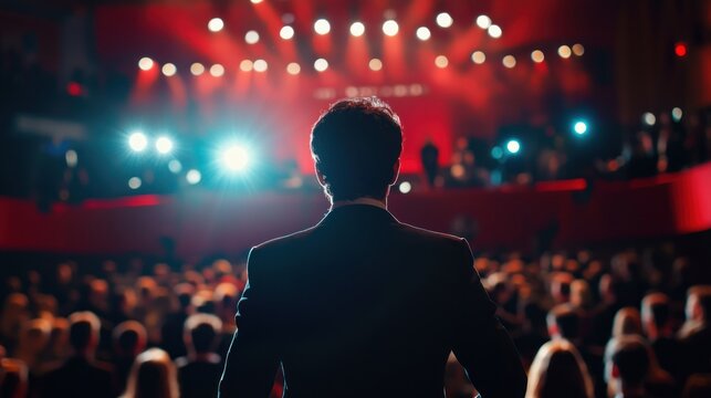 A film director standing nervously at a premiere event awaiting audience reaction to their debut movie