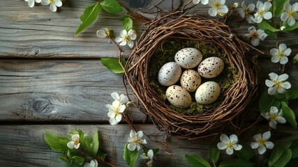 A rustic flat lay of a bird's nest with eggs and spring blossoms on a wooden table. This aesthetic scene is a perfect background for Easter greetings and spring promotions.