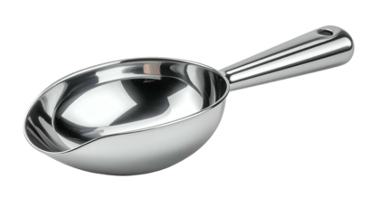 A shiny stainless steel scoop with a long handle and a hanging hole, set against black