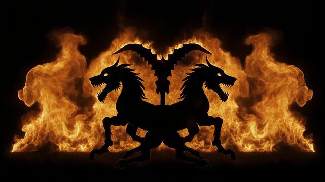 Symmetrical Silhouette of Two-Headed Horned Creature with Fiery Background